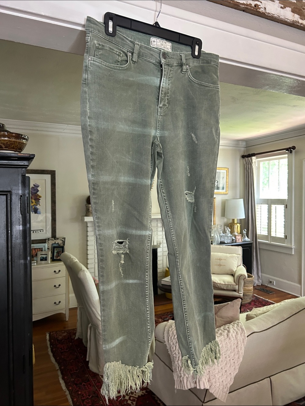Free People Sage Green Ankle Fringe Hem Jeans